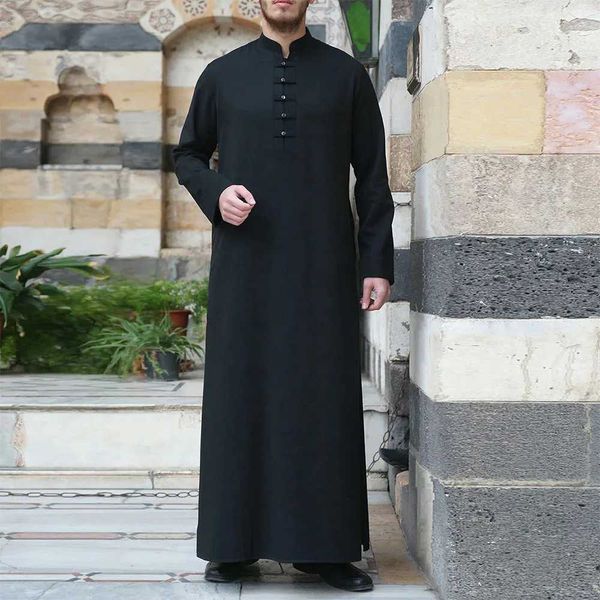 New solid color Arabic pocket robe button simple plus size mens Muslim robe W250310
