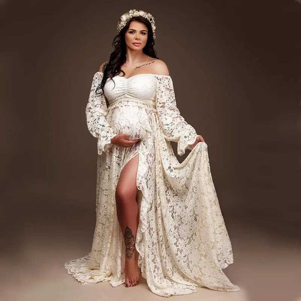 2 in 1 Boho Maternity Photography Outfit Dress Bohemian Pregnancy Photo Shoot On Pregnant Tulle Woman Floral Lace Dresses
