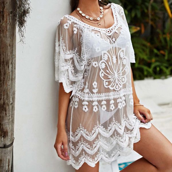 Womens Beach Cover Ups Loose Mid Length Dresses Water Soluble Transparent Lace Shirt Bikini Cover Ups Trajes De BanO Mujer250324BJ