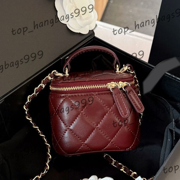 Burgundy Lambskin Cross Body Mini Suitcase Box Bag With mirror Top Leather Handle Chains Makeup Vanity Bags Card Holder Purse Sac Sacoche Purse 11cm