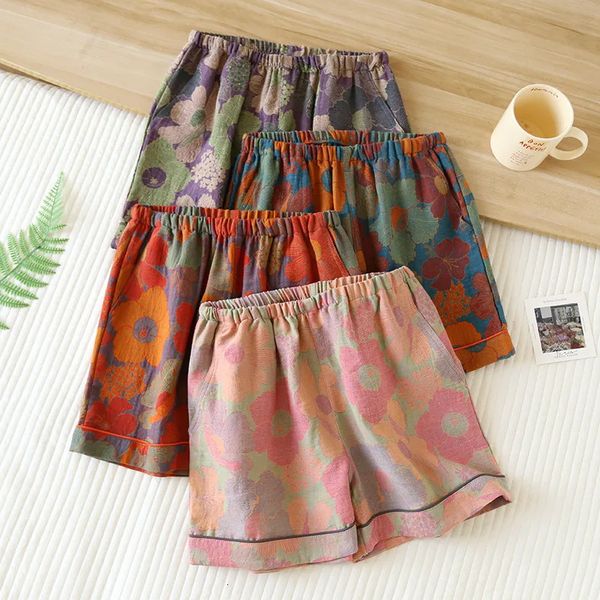 2026 Summer 100% Cotton Linen Dyeing Jacquard Shorts Womens Loose Thin Family Pants Pajamas Free Shipping