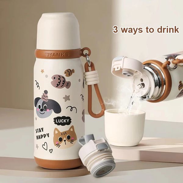 500ml Cute Cat Pot Kawaii Water Bottle Stainless Steel Cup with Straw Portable Coffee Tea Beverage Gift 250325