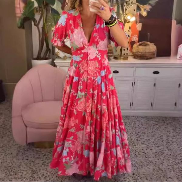 (62) Large Size High Elastic V-neck Floral Dress