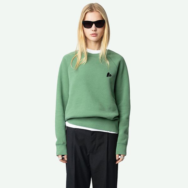 Sweatshirts High Quality Voltairess 25ss New Love Embroidered Washed Water Stir Fried Green Vintage Zadigss Womens Casual Round Neck Pullover Hoodie Sweater Tops