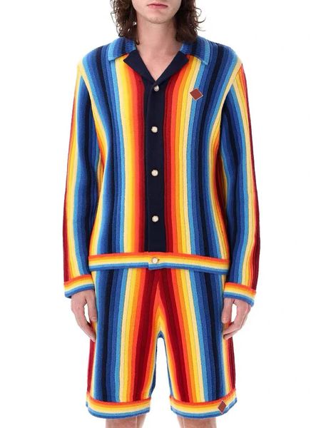 tn Casabalnc high quality summer tide new hollowed out colorful stripes retro knit shorts men designer long sleeve loose lapel button cardigan sweater shirt coat set