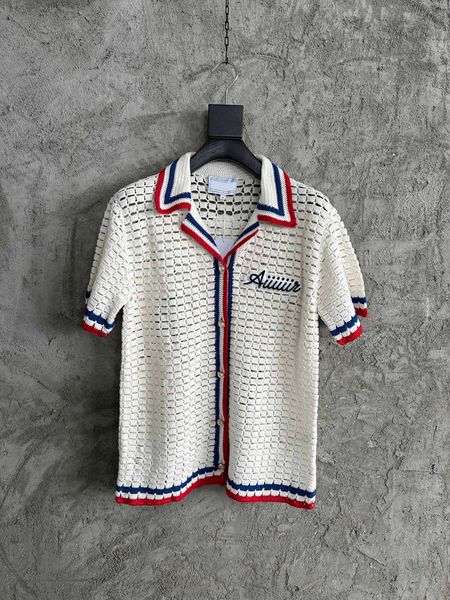 25ss casabalnc top quality handmade knit short sleeve t shirt men's designer embroidery pattern print lapel pearl button knitted cardigan polo shirt sweater coats tn