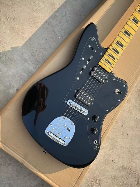 Modern Sleek Electric Guitar: Glossy Black Finish, Distinctive Shape & Maple Neck Inlays
Modern Sleek Electric Guitar: Glossy Black Finish, Distinctive Shape & Maple Neck Inlays