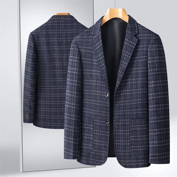 Leisure Loose Navy Blue Check Texture Spring and Summer Young Mens Suit Fashion Trend Casual Coat 250514