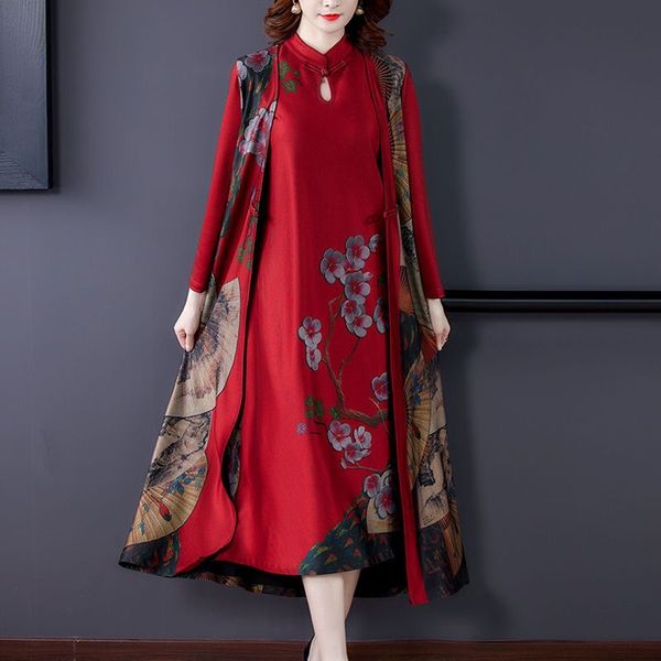 2025 Plus Size Women's Summer New Slim Print Retro Dress Mid-Length Skirt D02382