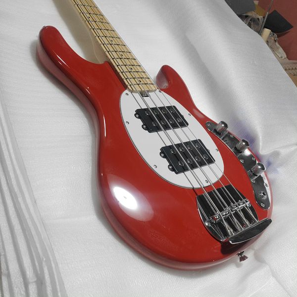 Glossy Red Electric Bass Guitar: Maple Fretboard, Dual Black Pickups, Metallic Hardware
Glossy Red Electric Bass Guitar: Maple Fretboard, Dual Black Pickups, Metallic Hardware