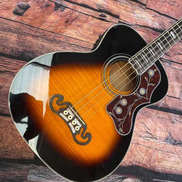 Sunburst Acoustic Guitar with Built-in Pickup & Floral Pickguard for Live Performances 
Sunburst Acoustic Guitar with Built-in Pickup & Floral Pickguard for Live Performances