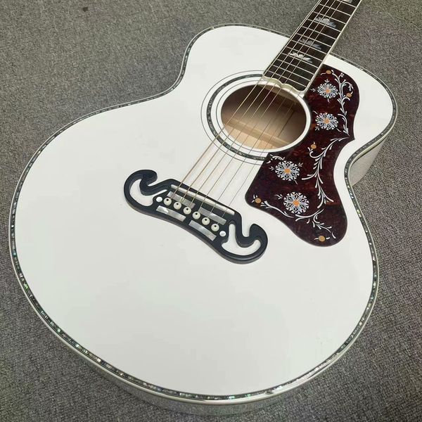 Glossy White Folk Guitar: Floral Pickguard, Delicate Inlays & Warm Acoustic Resonance 
Glossy White Folk Guitar: Floral Pickguard, Delicate Inlays & Warm Acoustic Resonance
