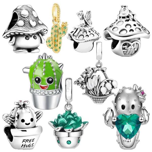 Cute Mushrooms Cactus Flower basket Succulent Potted Plant Charm Bead Fit Original 925 Sterling Silver Bracelet DIY Jewelry GiftXJ250523