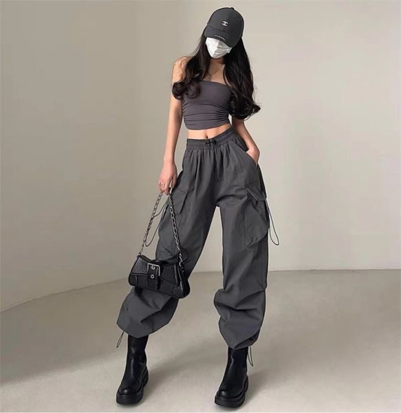 Women Wide Leg Baggy Pants Solid Drawstring Y2K Oversized Pockets Cargo Trousers Female Hip Hop Streetwear Lady Sweatpants 250516