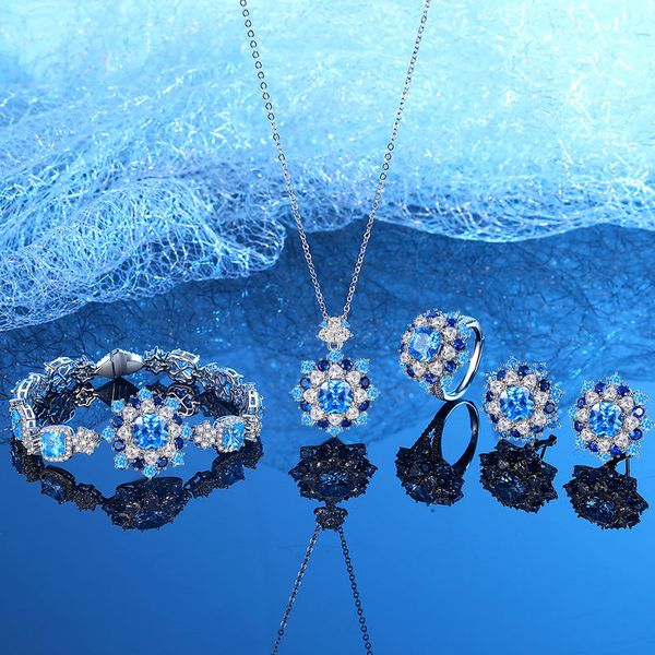 Luxury S925 Sterling Silver Jewelry Set with High Carbon Blue Diamonds, Necklace, Earrings, Bracelet, and Adjustable Ring for Women
Luxury S925 Sterling Silver Jewelry Set with High Carbon Blue Diamonds, Necklace, Earrings, Bracelet, and Adjustable Ring for Women