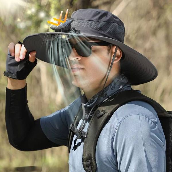 Adjustable 60cm Wide Brim Solar Fan Dual Cooling Fans & UV Protection Charging Fishing Hat with Printed Pattern