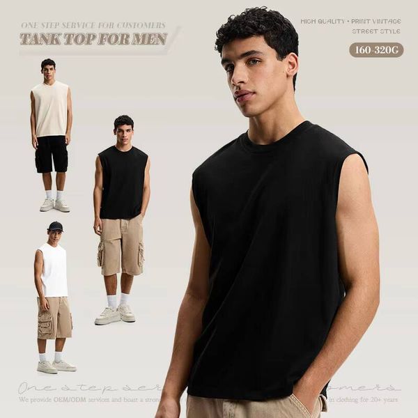 DHgate Summer Logo Gym Cut Sports Heavyweight Sleeveless T-Shirt Men's 100% Cotton Solid Black Vest sold by DHgate