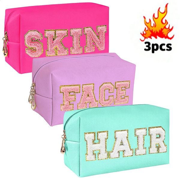 Chenille Letter Cosmetic Bag PU Leather Waterproof Pouch Cute Zipper Organizer Skin Hair and Facezmt 250528