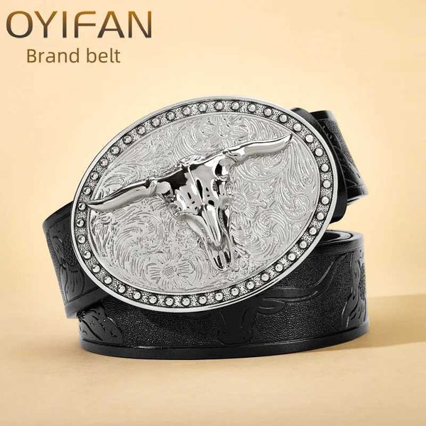 Women's Western Leather Belts Cowboy Longhorn Bull Pattern Floral Engraved Buckle Belt for Men 26L0506