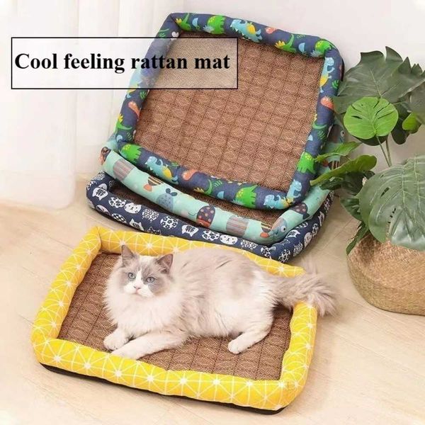 Cat Bad Linen Rattan Woven Cool Mat Pet Ice Pad Cartoon Teddy Bear Small Dog Bed Summer Cat Cooling Sleeping Pad for Winter M251201
