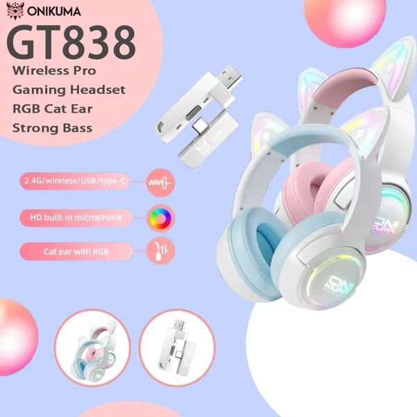 ONIKUMA GT838 Tri-mode Gaming set Low Latency RGB Cat Ears Wireless set with Noise Microphone for PC PS4 Y251202