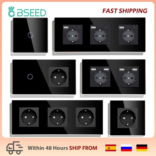 BSEED Touch Light Switch With EU USB Wall Sockets Black Wall Led Switches 1/2/3Gang 1Way Crystal Dark Blue Backlight Wall Switch X251203