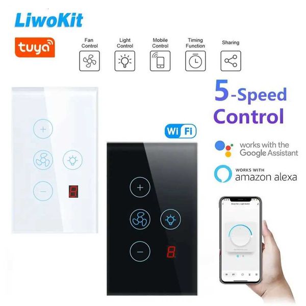 LiwoKit Tuya Wifi Five-Speed Fan Light Switch Thyristor Speed Adjustment Touch Panel Switch Remote Control X251203