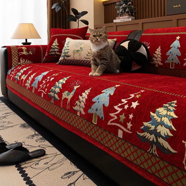 Universal Chenille Christmas Sofa Mat Cover Christmas Tree Deer Pattern Sofa Co…