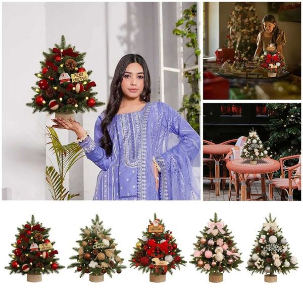 Mini Desktop Christmas Tree Table Top Handicraft Christmas Tree With Wooden Base Xmas Party Decorations Desktop Ornament H251204
