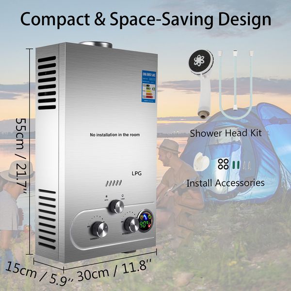 6L Tankless Gas Water Heater; Wall-Mounted RV Water Heater; Instant Hot Water for Camping, Caravan, Boats