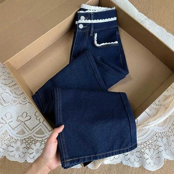 Stylish Lace Accent Straight Leg Denim For Plus Size Females Autumn Winter High…