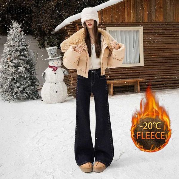 Fleece Warm Elastic And Slightly Flared Jeans For Women Loose And Retro Flared …