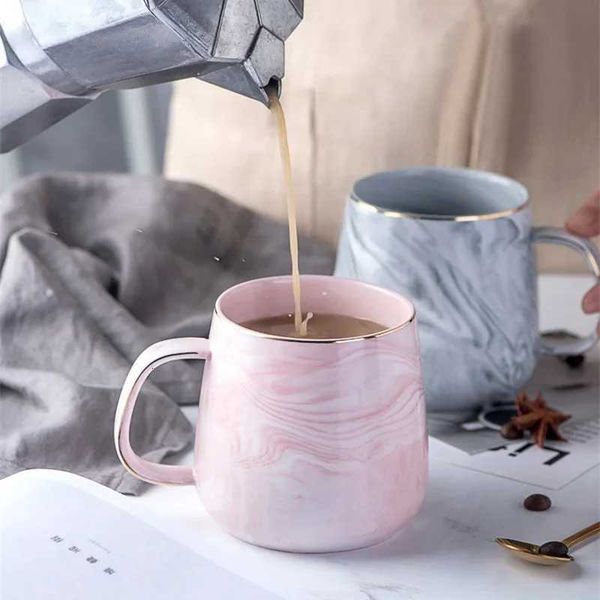 Nordic Ins Style Ceramic Mug Marbled Gold Rim Coffee Cup Oatmeal Breakfast Cup Valentines Day present Couple water cups M251206