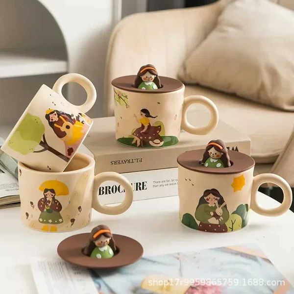 3D Lovely Girl Companion Cup Mug Cover Cute Gift Girlfriend Girls Ceramic Birthday Gift Mug Coffee Cup Mug with Lid IOIPAJ M251206