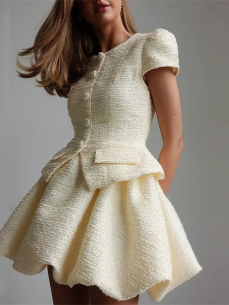 Tweed Puffy Sleeve Shirt Bubble Skirt Set Lady Retro Chic Solid Button Slim Shirts Mini Skirts Sets Women Party Outfits 251205