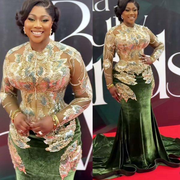 Aso Ebi Olive Green Mermaid Prom Dresses 2026 Velvet Applique Illusion Evening Formal Party Second Birthday Engagement Gowns Plus Size Dress For Special Occasions