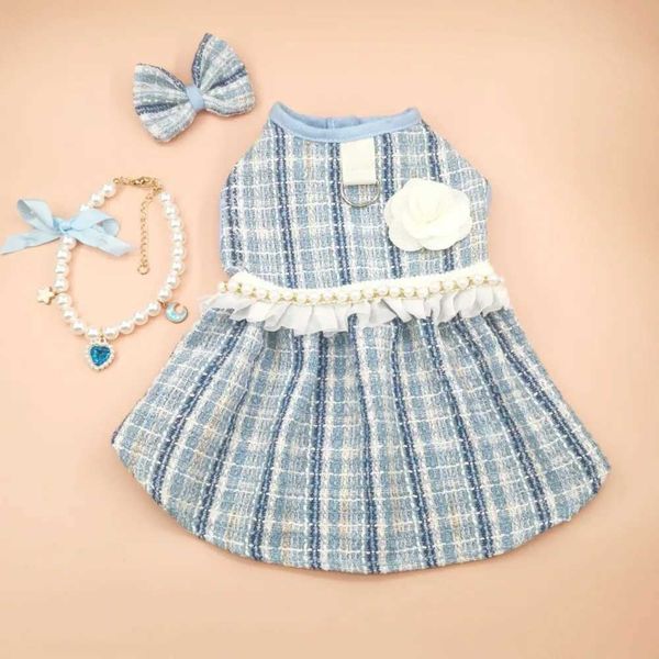 Fashion luxury Cute Puppy Plaid Dress Breathable Thin Design Cat Bow Pearl Coat Soft Dog Vest Autumn Winter M251208