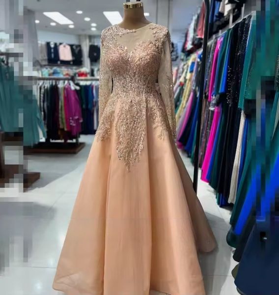 Modest Blush Pink Formal Evening Dress Sheer Neck Long Sleeves Beaded A Line Gown for Bridal Party Prom