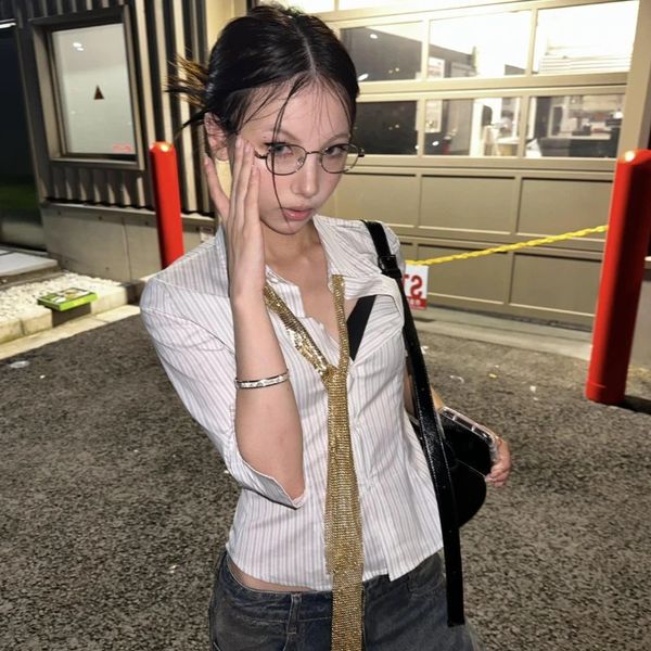 Deeptown Y2k Vintage Striped Women Shirt Harajuku Half Sleeve Korean Fashion Blouses Gyaru Slim Elegant Office Ladies Spring 251205