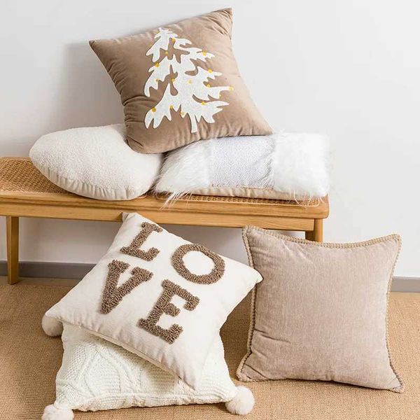 Beige White Nordic Christmas Cushion Cover Letter Tufted Em…