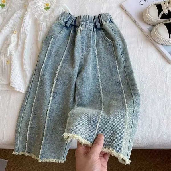 Girls Jeans With Rough Edges Wide Leg Pants Childrens Trendy Straight Leg Pants…