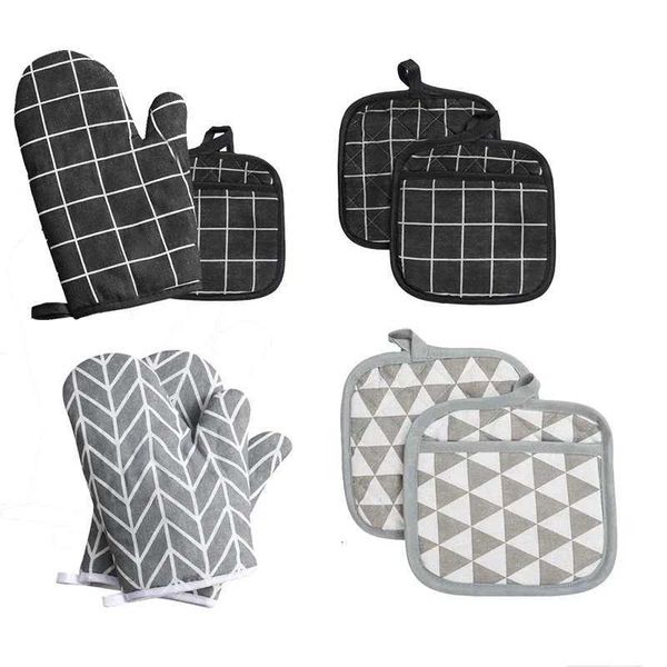 2pcs Kitchen Potholders Pad and Stove Oven Gloves Set Mitts Heat Resistant Thermal Anti-heat Take Hot Pot Cooking Baking Gloves H251212