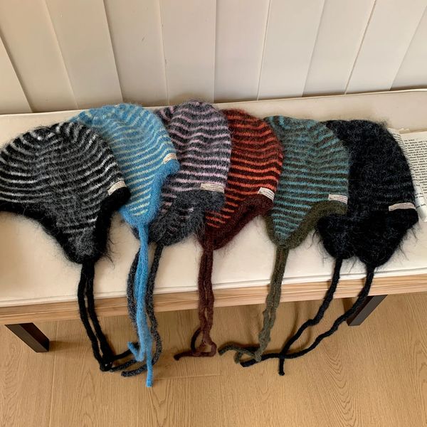 Winter Hat Women Wool Knitted Striped Beanie Baggy Cap Warm Windproof Outdoor Ski Balaclava Casual 251205