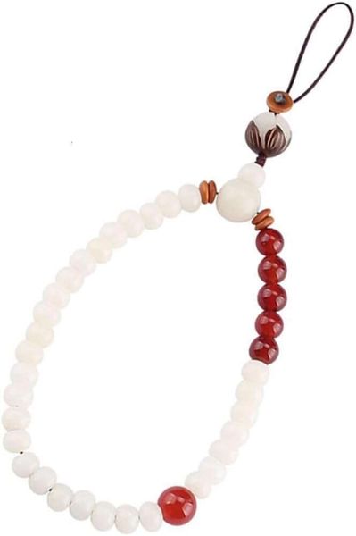 Ethnic Style Beaded Phone Lanyard with Red Agate White Bodhi Women Anti-lost Wrist Chain Strap for Mobile Phones Keychains Bags and Lightweight Accessory