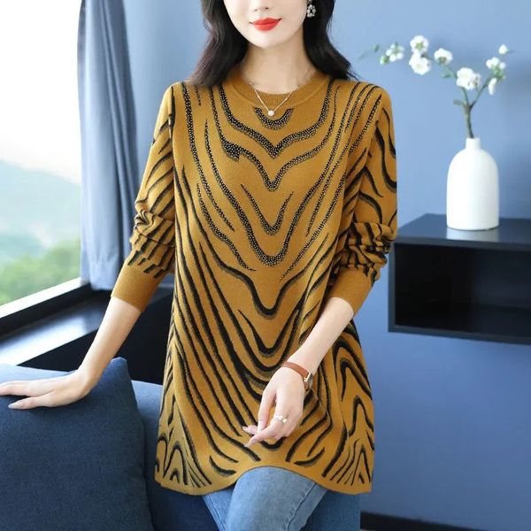 Autumn Winter Fashion Loose Striped O-neck Long Sleeve Pullovers Women Clothes All-match Printing Knitting T-Shirts Female Tops 251211