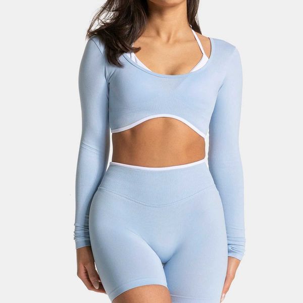 Womens Color Block Yoga Set Long Sleeve Top High Waisted Shorts Butt Lifting Tummy Control 4-Way Stretch Workout Gym FitnessXJ251216