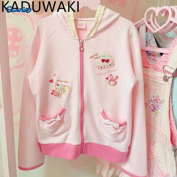 Sanrio Fungus Patchwork Hooded Coats Women Cartoon Embroidery Sweet Bow Pockets Zipper Top Autumn New Japanese Kawaii Y2k Outwears