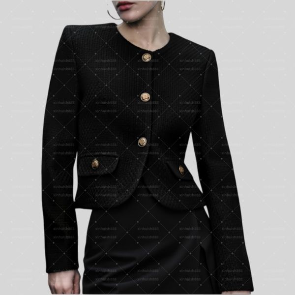 Designer Women's Short-sleeved Round-neck Casual Tweed Coat With Elegant And Fitted Long Sleeves Featuring Fake Pockets Spring/Autumn Style