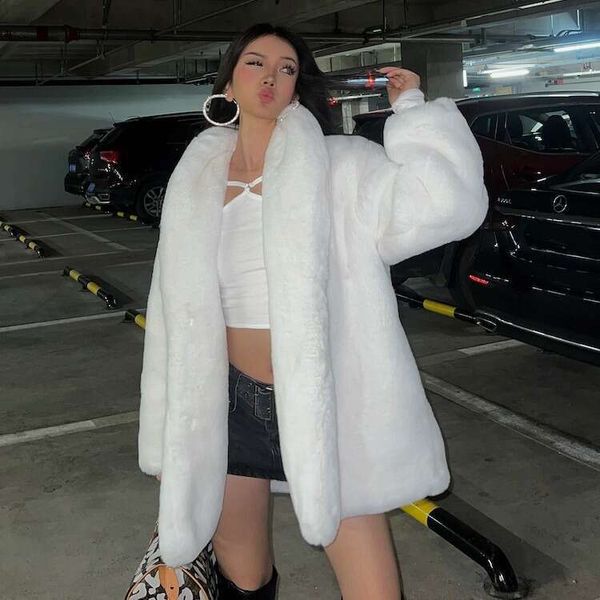 Luxury Lady Plush White Faux Fur Jacket Fashion Woman Lapel Collar Warm Loose Fit Long Coats Winter Club Party Outerwear 2025