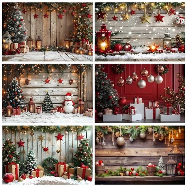 Merry Christmas Backdrop for Photography Red Wall Xmas Balls Xmas Tree Wreath Kids Family Party Decoration Photo Background Prop X251218